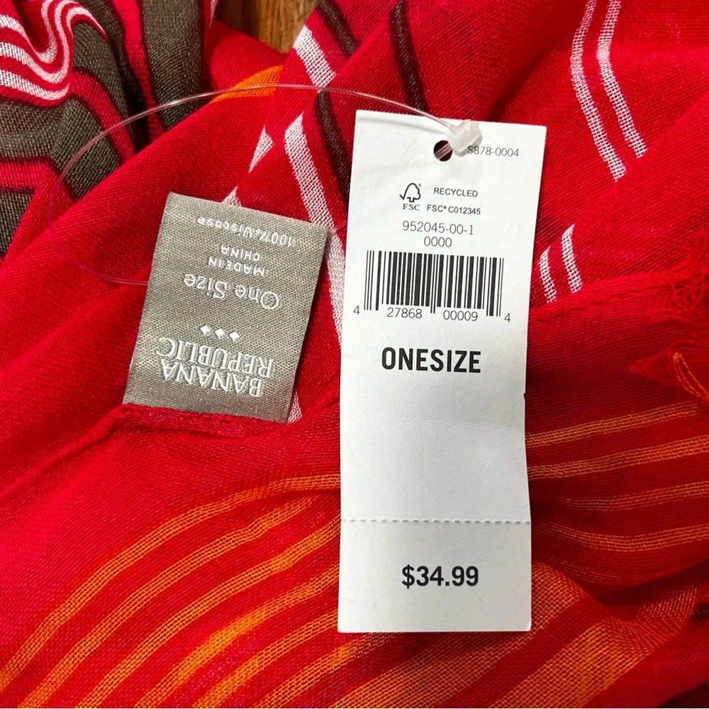 Banana Republic Stripe Fun Teaberry Red Orange Viscose Long Scarf NWT